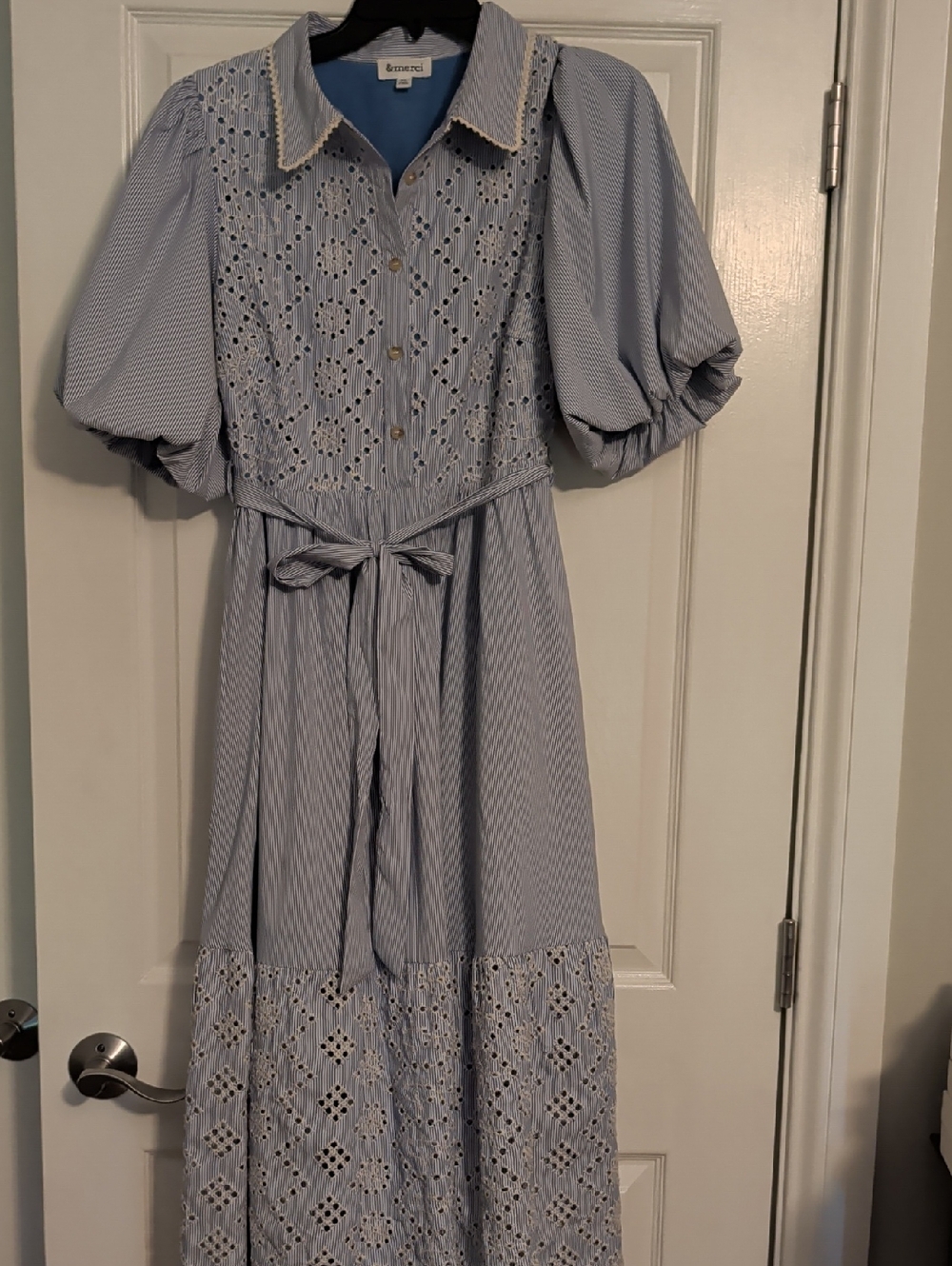 &Merci Blue Eyelet Midi Dress with Puff Sleeves